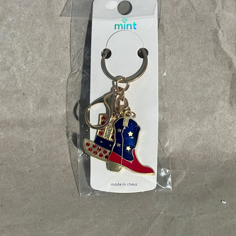 Mint‎ Patriotic Keychain Red White Blue Rhinestone Cowboy Boot Hat Bag Charm